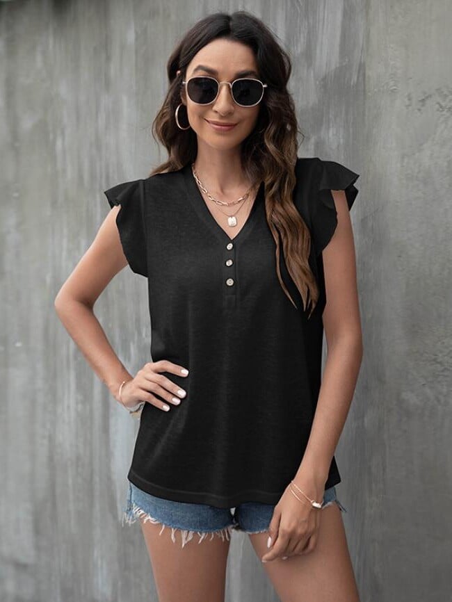 V-Neck Casual Button Ruffle Sleeve T-Shirt