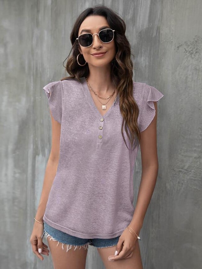 V-Neck Casual Button Ruffle Sleeve T-Shi...