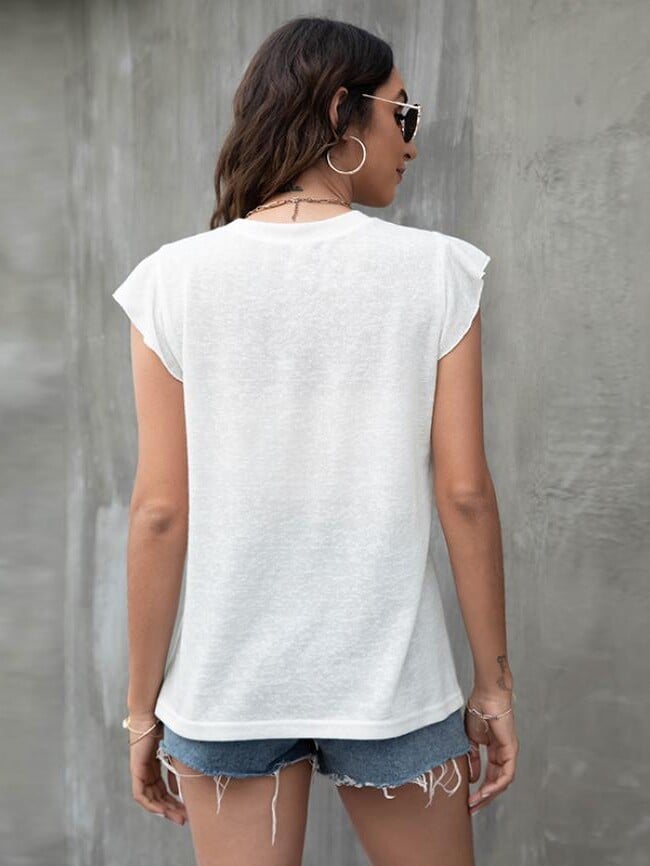 V-Neck Casual Button Ruffle Sleeve T-Shirt