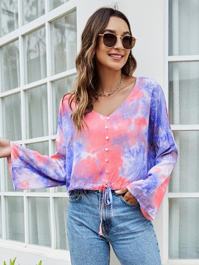 V-Neck Tie-Dye Printed Long Sleeve Top