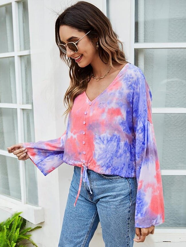 V-Neck Tie-Dye Printed Long Sleeve Top