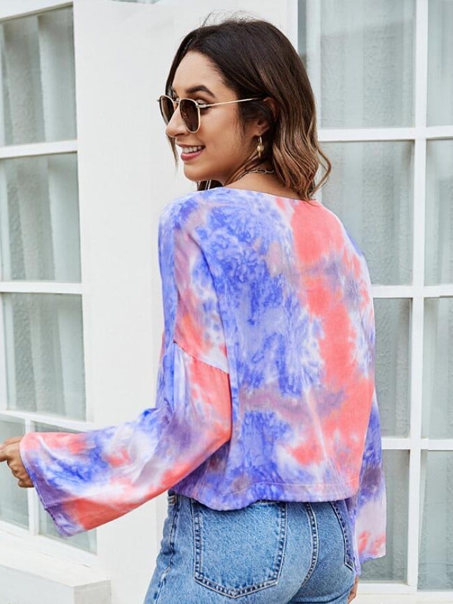 V-Neck Tie-Dye Printed Long Sleeve Top