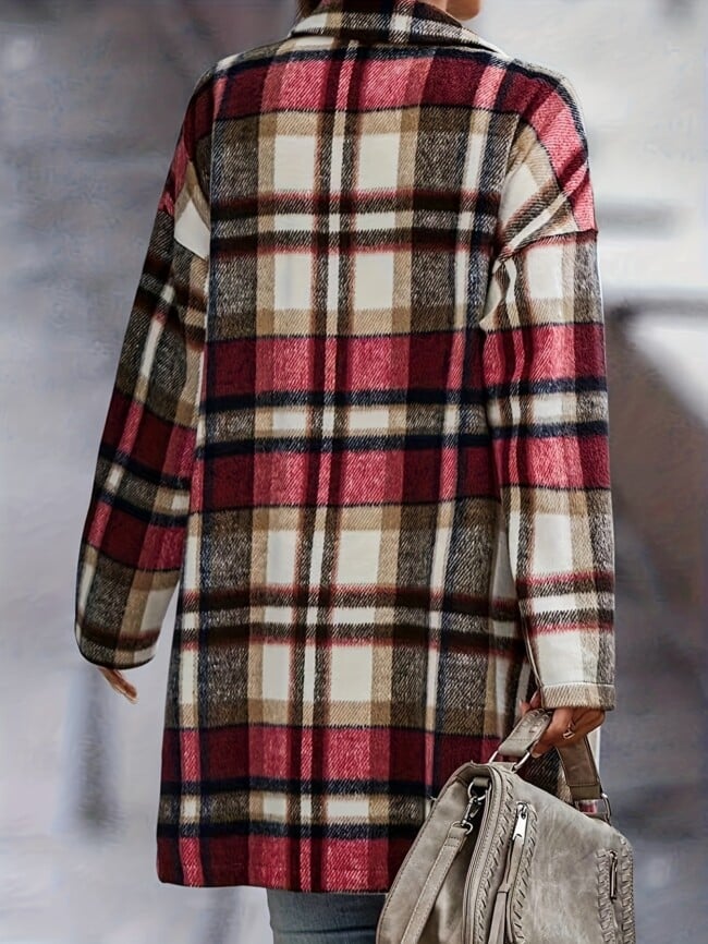 plaid print double pockets lapel long coat