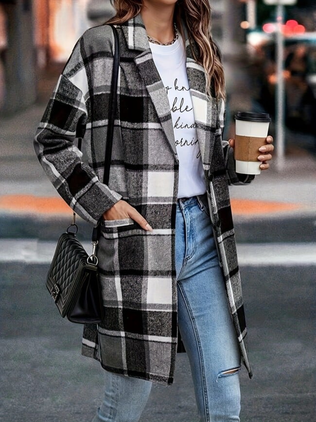 plaid print double pockets lapel long coat