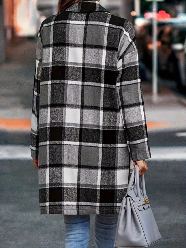 plaid print double pockets lapel long coat