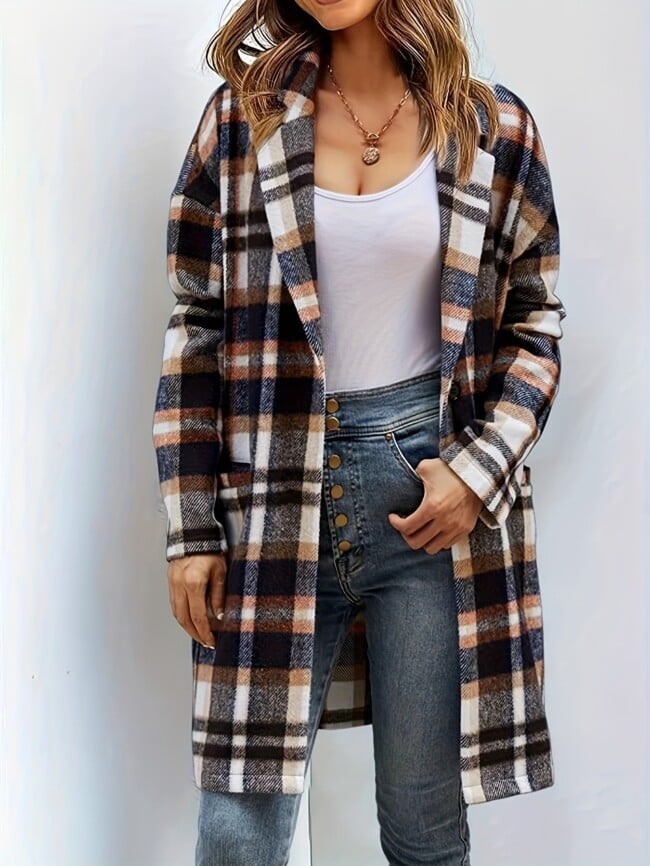 plaid print double pockets lapel long coat