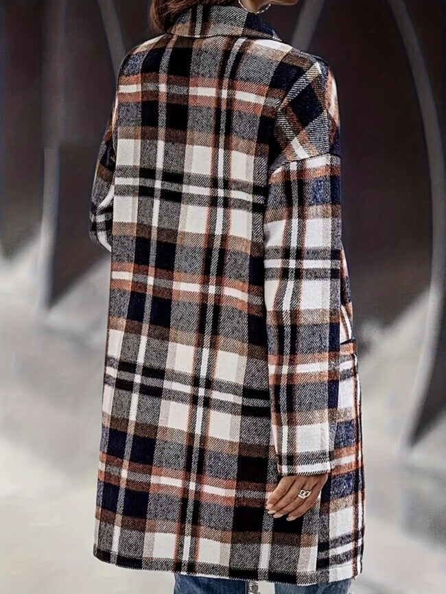 plaid print double pockets lapel long coat