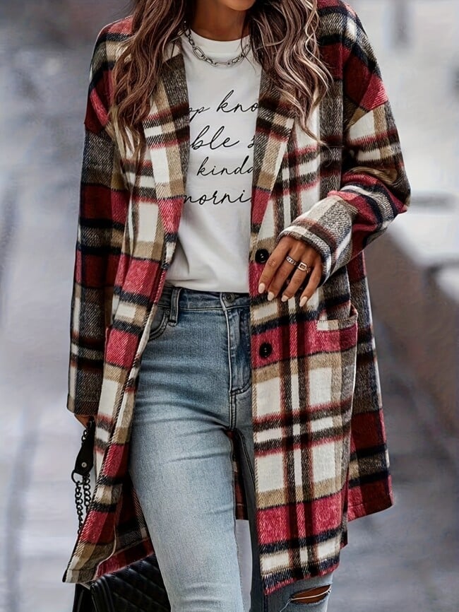 plaid print double pockets lapel long coat