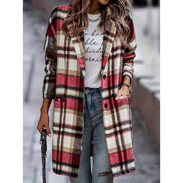 plaid print double pockets lapel long co...