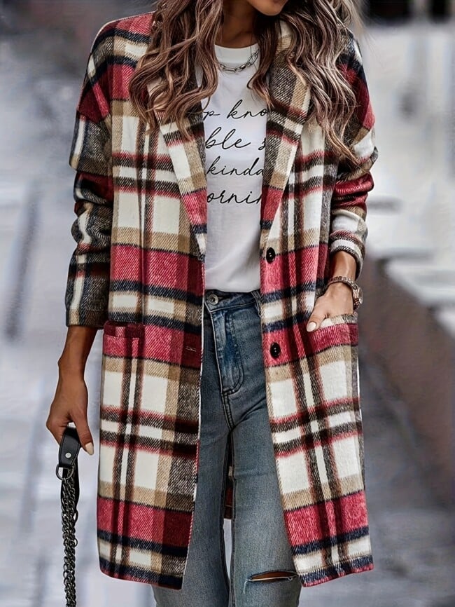 plaid print double pockets lapel long coat