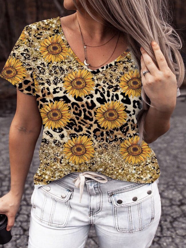 sunflower print v-neck casual top