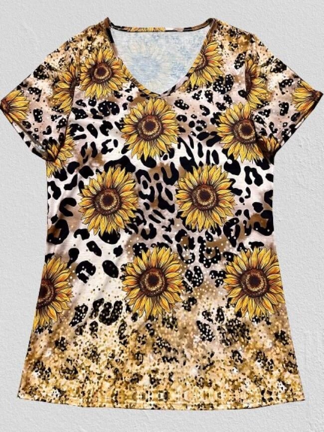 sunflower print v-neck casual top